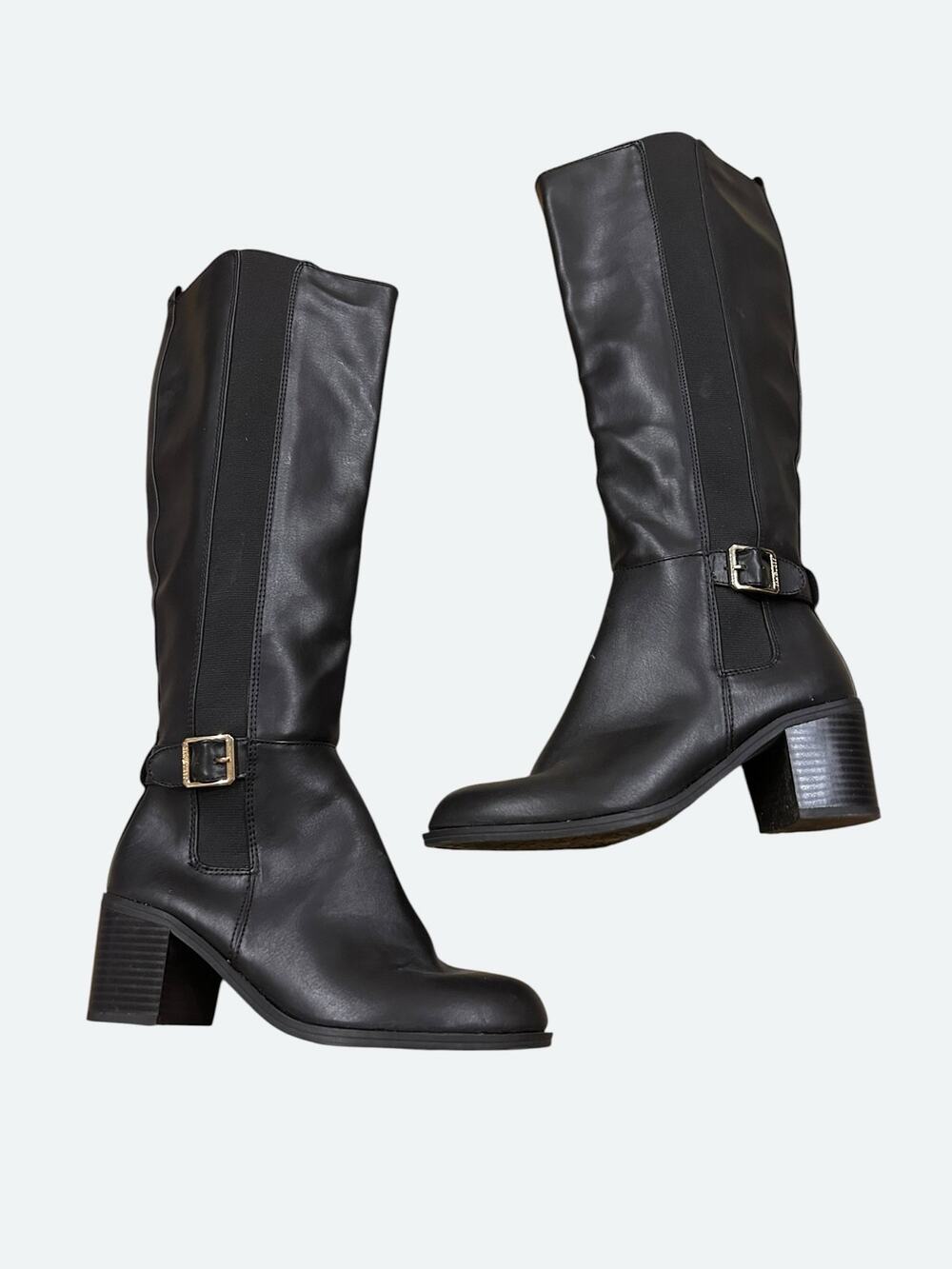 Sam & Libby Womens 7 Black Knee High Boots Block Heel Buckle Riding Moto -